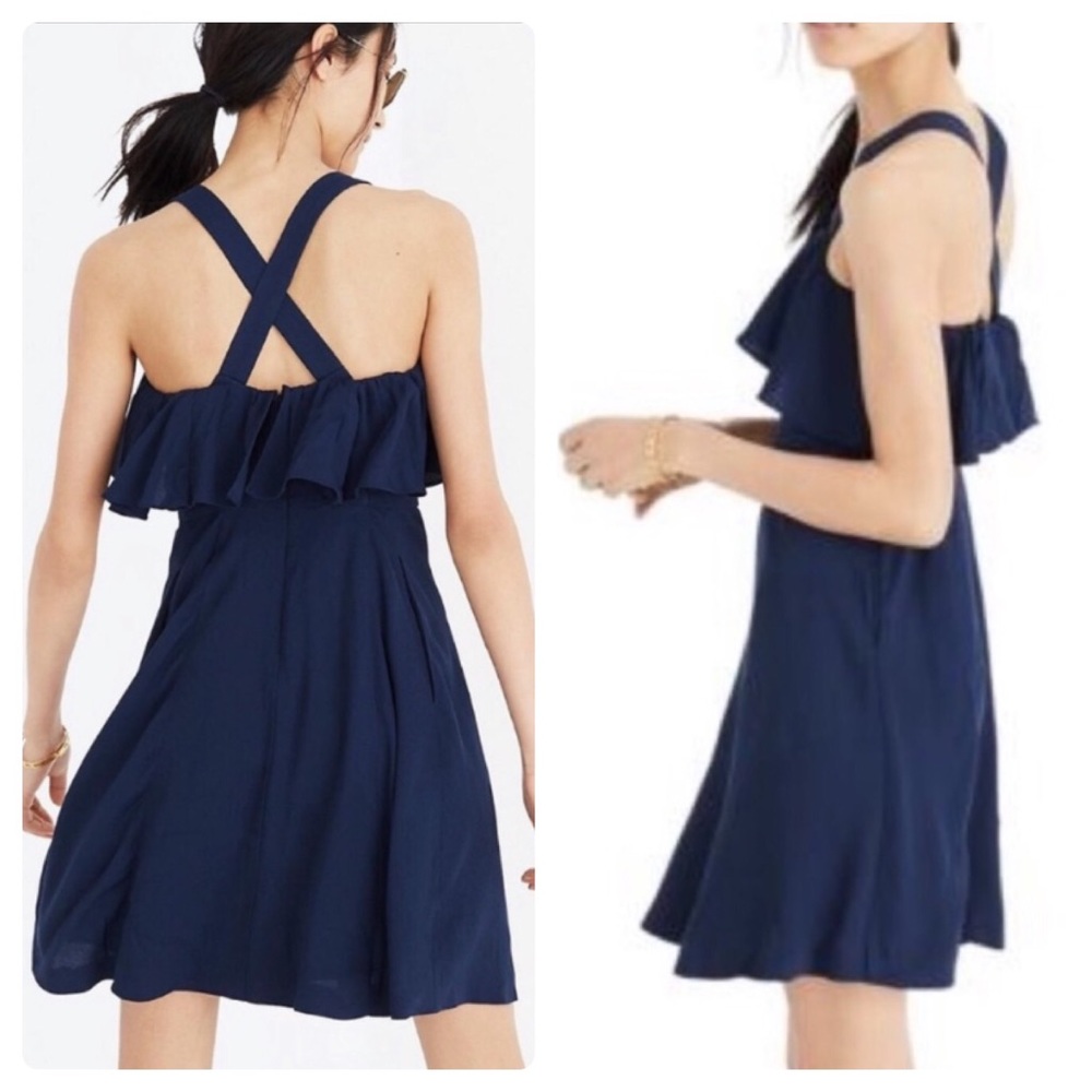 ⚡️Madewell NWOT Navy Blue Sleeveless Mini Dress Ruffle Cross Back Lightweight 8